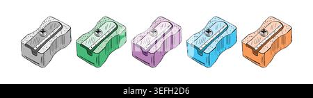 gray, green, purple, blue and orange pencil sharpener set. hand drawn sharpener. Stock Vector