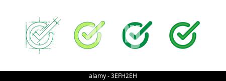 green check mark. technical drawing check sign. four step check sign set. Stock Vector
