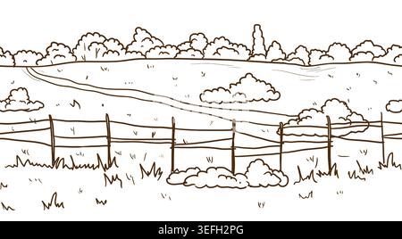 Rural landscape, wooden fence and trees on the horizon on the hills, country road and clouds in the sky. Vector illustration. Simple pasture pattern Stock Vector