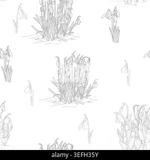 Snowdrops, spring flowers, hand-drawn sketch. vector illustration. Forest clearing of primroses, seamless pattern, isolated pattern on a white Stock Vector