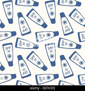 Seamless pattern with sunscreen tube in flat style. Summer travel concept. Skincare protection motif. Illustration for fabric, textile, paper, print. Stock Vector