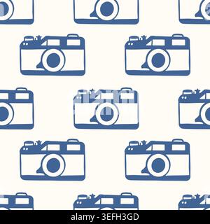 Seamless pattern with blue vintage camera illustration on white background, for travel theme design in flat style. Stock Vector