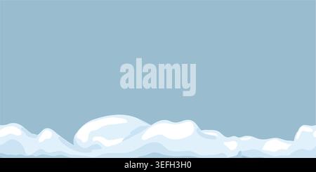 Snow caps and icicles of various shapes on seamless horizontal border, Vector illustration. Frosty snowdrifts, hanging ice curbs and white winter roof Stock Vector