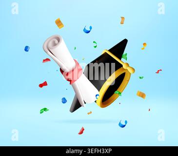 3D Graduation cap and diploma with confetti. Stock Vector
