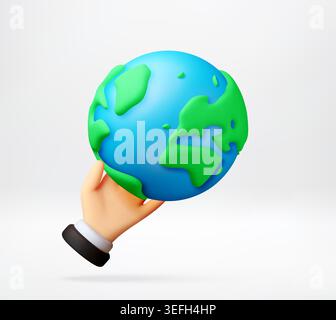 Hand holding a 3D Earth planet model. Stock Vector