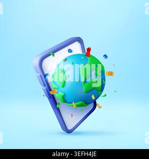 3d smartphone with floating globe and confetti. Stock Vector