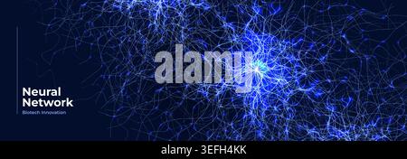 Neural network, AI technology background with glowing blue connections, biotech innovation data flow. Digital networks science banner design. Vector Stock Vector