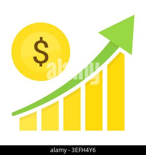 Golden Dollar Coin with Upward Green Arrow and Rising Bar Chart Stock Vector