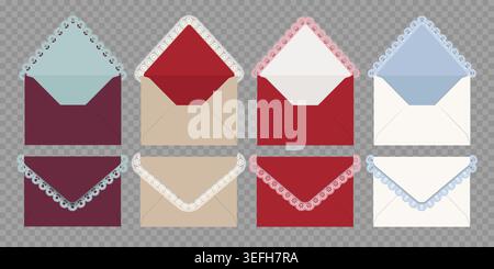 Set of elegant, realistic open and closed envelopes with lace. Folded luxury envelope mockup. Vector isolated illustration Stock Vector