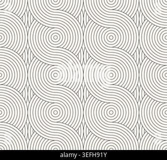 Seamless striped outline geometric monochrome pattern in Asian style. Beige minimalistic print with curved flow lines - repeat decorative Chinese Stock Vector