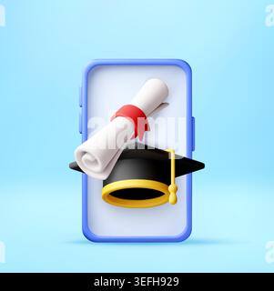 3D Graduation cap and diploma scroll on smartphone Stock Vector