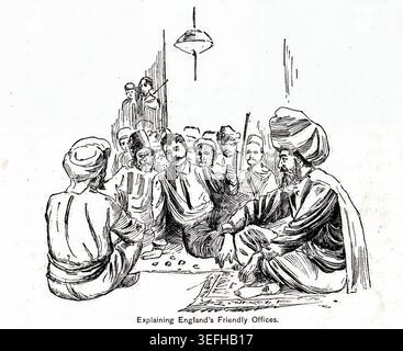 British man in a European suit engaging in a political and cultural discussion with local Middle Eastern or Asian men, explaining policy concepts in a traditional gathered setting.  Around the world on a bicycle part 1 From San Francisco to Teheran by Thomas Stevens (24 December 1854 – 24 January 1935) was an English-American citizen. He is regarded as the first person to circle the globe by bicycle. He rode a large-wheeled Ordinary, also known as a penny-farthing, from April 1884 to December 1886. He later searched for Henry Morton Stanley in Africa, investigated the claims of Indian ascetics Stock Photo