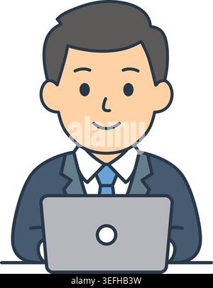 Businessman with laptop icon in flat outline stroke style. Male accountant vector illustration on isolated background. Financial report sign business Stock Vector