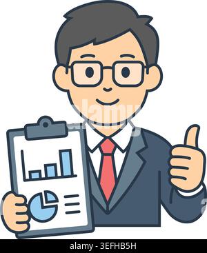 Businessman with document and thumb up icon in flat outline stroke style. Male accountant outline stroke vector illustration on isolated background. F Stock Vector
