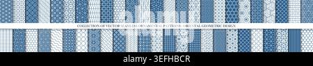 Collection of seamless ornamental tile mosaic geometric patterns. Endless oriental blue and white backgrounds. Vector repeatable grid textures - Stock Vector