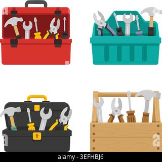 Toolbox icon set collection in flat colorful style. Container with construction and repair instrument vector illustration on isolated background. Tool Stock Vector