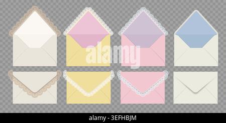 Set of elegant, realistic open and closed envelopes with lace. Folded luxury envelope mockup. Vector isolated illustrations Stock Vector