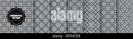 Set of dark gray classic geometric seamless ornamental patterns - symmetric textures. Vector repeatable oriental luxury backgrounds. Elegant vintage Stock Vector