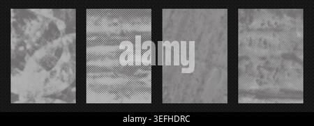 Abstract urban art with spray paint textures, scratched grayscale gradient, rough distressed vector illustration overlay set. Stock Vector