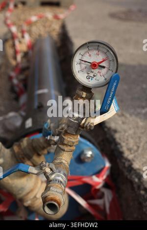 Pressure gauge meter installed on Large water pipe patch in the ...