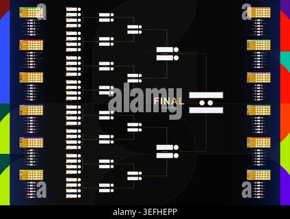 Dark elegant football championship 2026 wall chart showing all group standings, match results, knockout rounds, semifinals, and grand final. Vector To Stock Vector