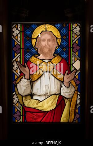 The Risen Christ stained glass window (installed in 1862) by Chevalier Moritz von Schwind in Glasgow Cathedral in Glasgow, Scotland, UK. Stock Photo