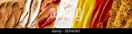 Macro collage of peanut butter ketchup mustard and sauces textures Stock Photo