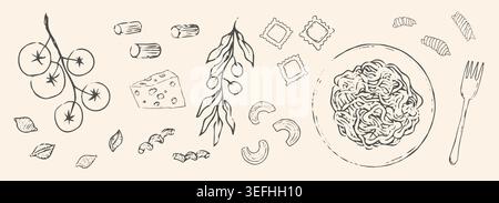 Italian food pizza and pasta hand drawn sketch. Mediterranean cuisine, mediterranean pasta types line doodle. Farfalle, fusilli, fettuccine, linguine. Vector illustration Stock Vector