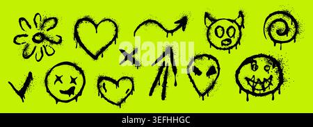 Spray graffiti doodles and tags set with dripping paint and splashes. Urban gritty grunge texture. Dirty messy airy ink strokes. . Vector illustration Stock Vector