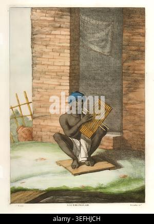Indian man sitting on a wooden board, playing a surmandal string instrument, showcasing traditional Indian music and cultural heritage from an antique illustration. By Frans or François Balthazar Solvyns (1760-1824) Stock Photo