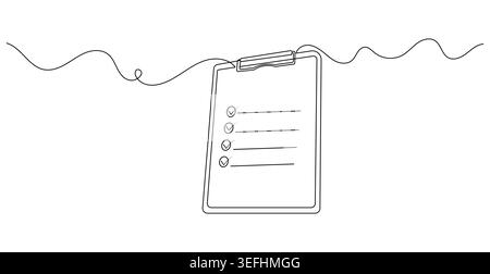 Continuous line art of a vertical office checklist showing completed tasks with check marks. Stock Vector