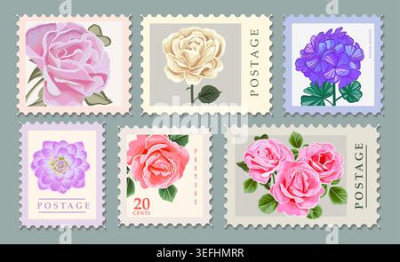 Vintage floral stamps with roses. Perfect for wedding design vintage art. sticky postmarks with pink flowers. Retro design collection. Stock Vector