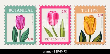 Postage with tulipes for wedding or summer design. Floral vector designs in vintage postal frame border. Postmarks collectors of floral stamps. Stock Vector