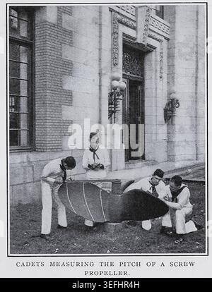 Cadets in uniform are carefully measuring the pitch of a large screw propeller displayed outdoors, demonstrating practical engineering education and naval training. From the Article THE UNITED STATES NAVAL ACADEMY AS AN ENGINEERING SCHOOL. By Walter F. Worthington, Commander, U. S. N. From The Engineering Magazine Devoted to Industrial Progress Volume XXXII October 1906 - March 1907 The Engineering Magazine Co. Stock Photo
