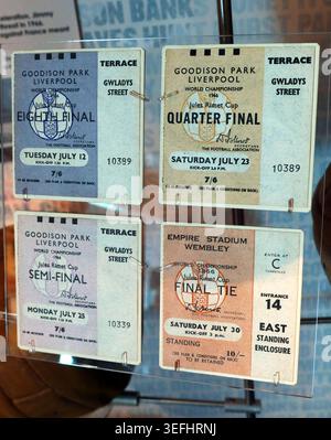 1966 FIFA World Cup tickets for Goodison Park, Liverpool, and Wembley Stadium, including quarter-final, semi-final and final tie. Stock Photo