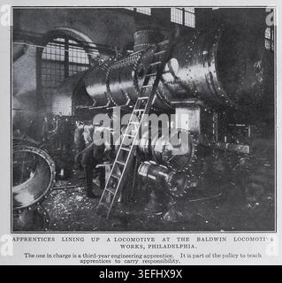 Apprentices assembling a large locomotive boiler on a factory floor, vintage industrial workshop showing teamwork and skill development. MODERN ADAPTATIONS OF THE APPRENTICESHIP SYSTEM. By O. M. Becker. From The Engineering Magazine Devoted to Industrial Progress Volume XXXII October 1906 - March 1907 The Engineering Magazine Co Stock Photo