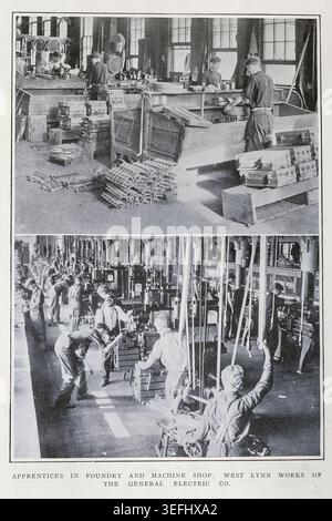 Young apprentices are actively learning and performing tasks in the busy foundry and machine shop at the West Lynn Works of the General Electric Company, demonstrating industrial training. MODERN ADAPTATIONS OF THE APPRENTICESHIP SYSTEM. By O. M. Becker. From The Engineering Magazine Devoted to Industrial Progress Volume XXXII October 1906 - March 1907 The Engineering Magazine Co Stock Photo