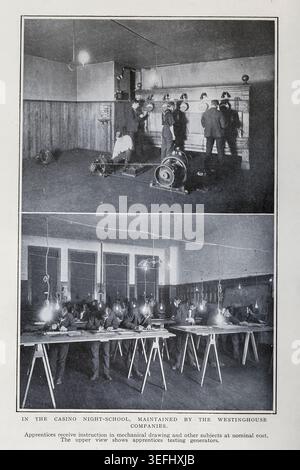 Apprentices attending evening classes at the Westinghouse Casino night school are receiving instruction in mechanical drawing and engaging in practical training by testing electrical generators. MODERN ADAPTATIONS OF THE APPRENTICESHIP SYSTEM. By O. M. Becker. From The Engineering Magazine Devoted to Industrial Progress Volume XXXII October 1906 - March 1907 The Engineering Magazine Co Stock Photo