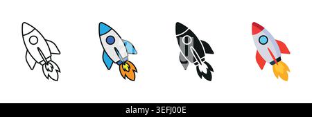 Rocket icon launching upward symbolizing Startup, Growth, Business Innovation, Space Shuttle Takeoff, solid, outline and Colorful Vector Illustration Stock Vector