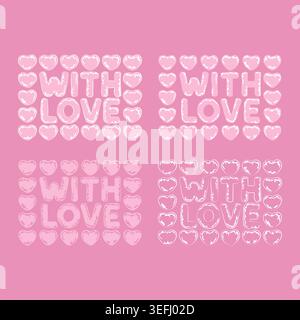 Set with pink bubble hearts, wrapping with bubble wrap, lettering with love. Colored vector background. Stock Vector