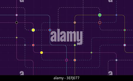 Vibrant network diagram with multicolored lines and dots on dark purple background Stock Vector