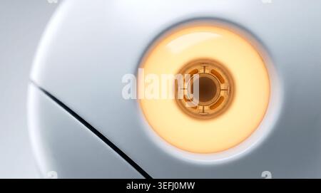 Ultra close-up of a single robot eye showing concentric mechanical gears and warm amber glow on a smooth white robotic head, representing machine visi Stock Photo