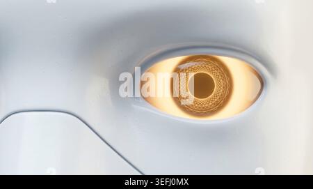 Extreme macro of robot face showing luminous amber eye with micro-mechanism iris on ceramic surface. Conceptual friendly AI detail for tech themes. Stock Photo