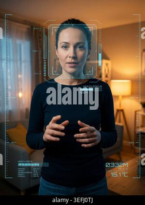 Adult woman standing in a living room with a futuristic holographic HUD overlay scanning her face and displaying health status, biometric data, temper Stock Photo
