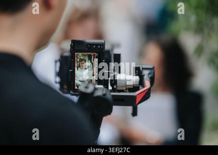 Business people being filmed during an on-site interview by a camera operator using a gimbal Stock Photo