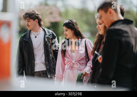 High school students and friends walking together outdoors on campus during a sunny day Stock Photo