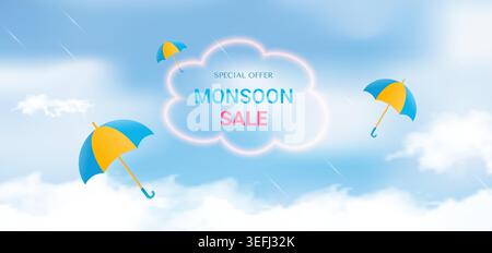 Poster template for Great Monsoon Sale design with colorful umbrellas flying in the clouds. Vector Stock Vector