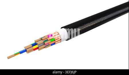 Fiber optic cable exposing colorful core wires isolated 3d Stock Photo