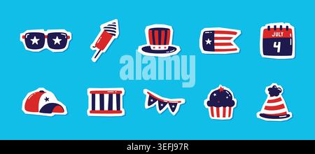 Hand drawn America Independence Day element pack with imperfect shape and rough cut in red, white, and blue color combinations. Stock Vector