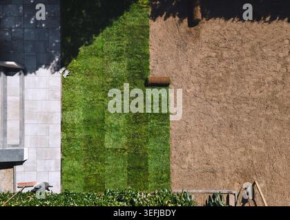 Gardening. Making a lawn from a roll. Green grass texture - well-groomed turf in the garden. View of the garden from above. Stock Photo
